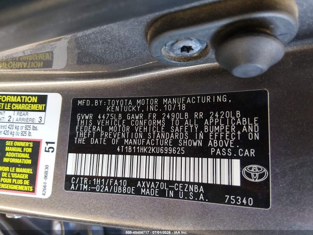 Продажа на аукционе авто 2019 Toyota Camry Le, vin: 4T1B11HK2KU699625, номер лота: 45486717