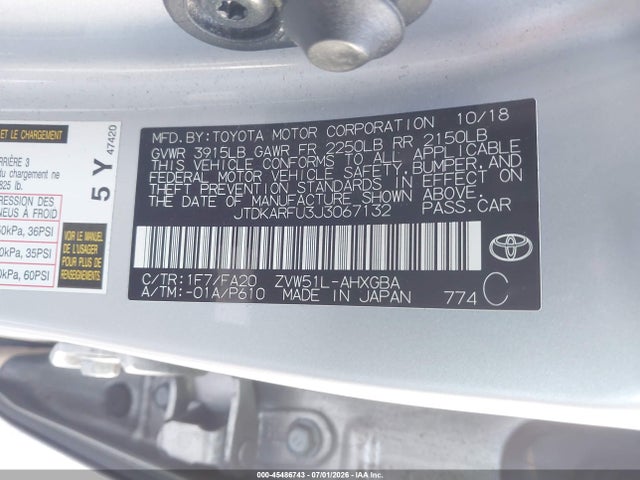 Продажа на аукционе авто 2018 Toyota Prius Three, vin: JTDKARFU3J3067132, номер лота: 45486743