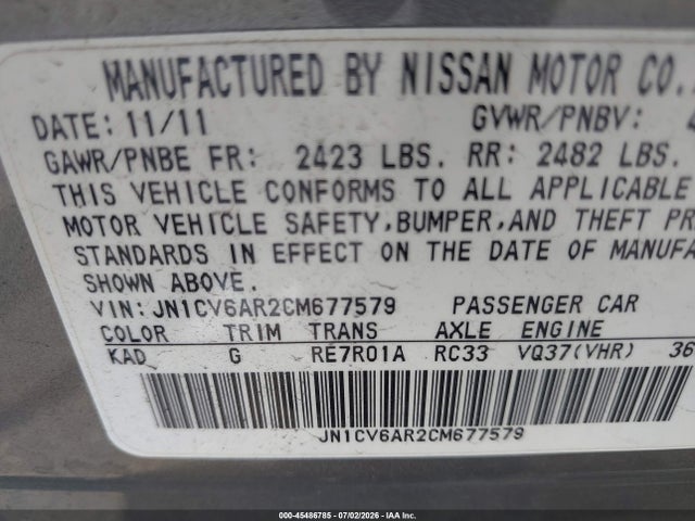 45486785 :رقم المزاد ، JN1CV6AR2CM677579 vin ، 2012 Infiniti G37x مزاد بيع