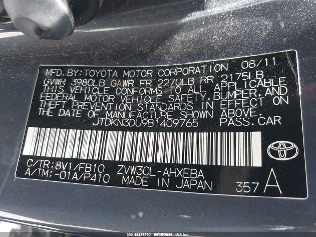 Auction sale of the 2011 Toyota Prius Two, vin: JTDKN3DU9B1409765, lot number: 45486792