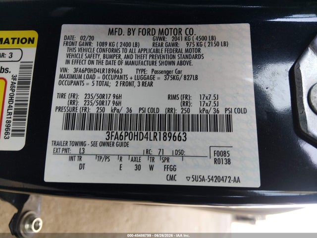 2020 Ford Fusion Se მანქანა იყიდება აუქციონზე, vin: 3FA6P0HD4LR189663, აუქციონის ნომერი: 45486799