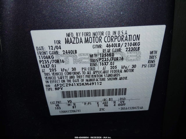 Продаж на аукціоні авто 2005 Mazda Tribute S, vin: 4F2CZ941X5KM49112, номер лоту: 45486804
