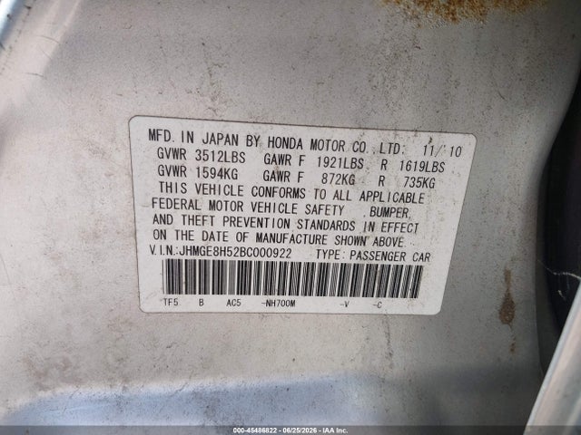 Aukcja sprzedaży 2011 Honda Fit Sport, vin: JHMGE8H52BC000922, numer aukcji: 45486822
