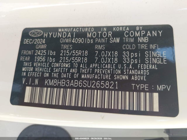 Aukcja sprzedaży 2025 Hyundai Kona Sel, vin: KM8HB3AB6SU265821, numer aukcji: 45486828