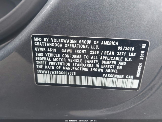 45486849 :رقم المزاد ، 1VWAT7A35GC037676 vin ، 2016 Volkswagen Passat 1.8t S مزاد بيع