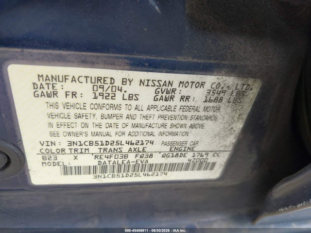 Aukcja sprzedaży 2005 Nissan Sentra 1.8s, vin: 3N1CB51D25L462174, numer aukcji: 45486911