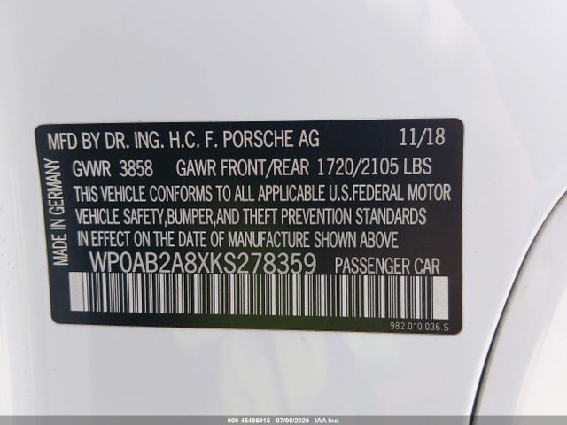 Продаж на аукціоні авто 2019 Porsche 718 Cayman Gts, vin: WP0AB2A8XKS278359, номер лоту: 45486915