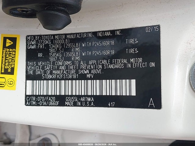 Toyota Highlander Le Plus V6 2015 5TDBKRFH2FS138181 Image 9
