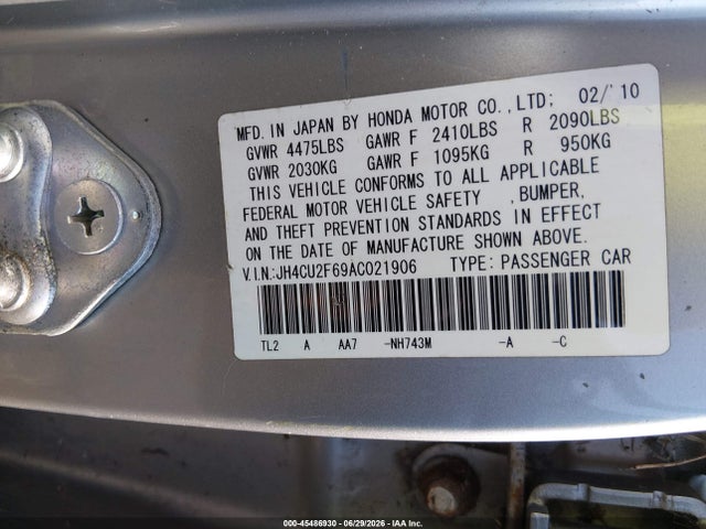 45486930 :رقم المزاد ، JH4CU2F69AC021906 vin ، 2010 Acura Tsx 2.4 مزاد بيع