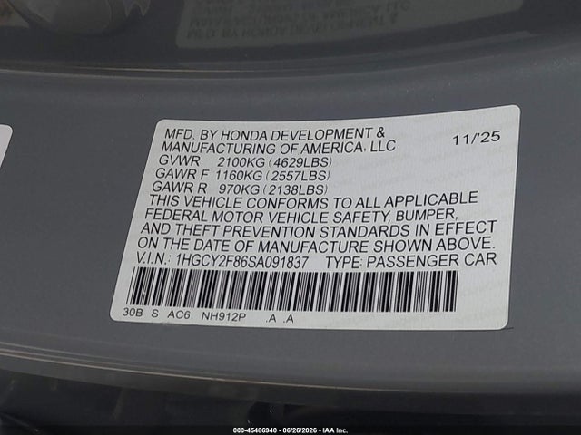 1HGCY2F86SA091837 Honda Accord Hybrid Touring
