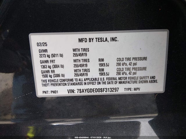 Продажа на аукционе авто 2025 Tesla Model Y Long Range Dual Motor Rear-wheel Drive, vin: 7SAYGDED0SF313297, номер лота: 45486944
