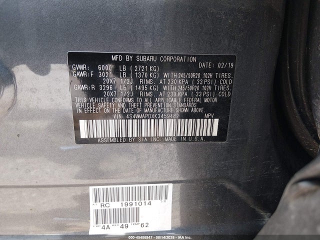 Продаж на аукціоні авто 2019 Subaru Ascent Limited, vin: 4S4WMAPDXK3459482, номер лоту: 45486947