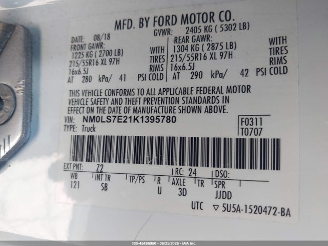 45486950 :رقم المزاد ، NM0LS7E21K1395780 vin ، 2019 Ford Transit Connect Xl مزاد بيع