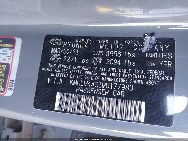 Aukcja sprzedaży 2021 Hyundai Elantra Sel, vin: KMHLM4AG1MU177980, numer aukcji: 45486952