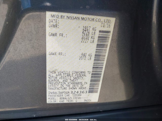 1N4AL3AP5GN324363 Nissan Altima 2.5/2.5 S/2.5 Sl/2.5 Sr/2.5 Sv