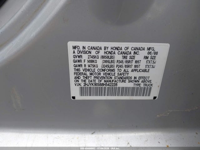 Продажа на аукционе авто 2008 Honda Ridgeline Rtl, vin: 2HJYK16588H542228, номер лота: 45486982