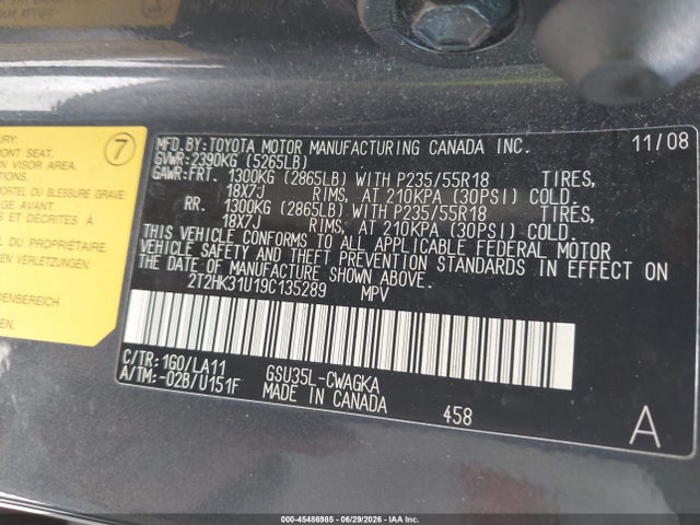 45486985 :رقم المزاد ، 2T2HK31U19C135289 vin ، 2009 Lexus Rx 350 مزاد بيع