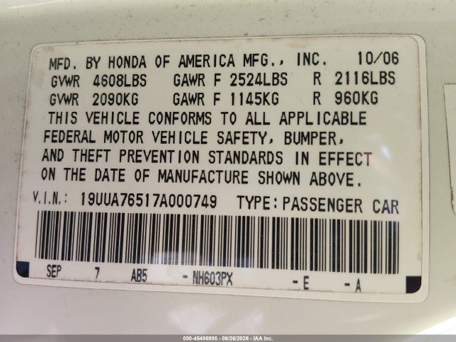 2007 Acura Tl Type S მანქანა იყიდება აუქციონზე, vin: 19UUA76517A000749, აუქციონის ნომერი: 45486995