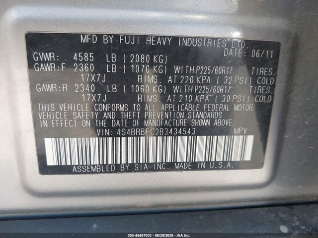 Продаж на аукціоні авто 2011 Subaru Outback 2.5i Premium, vin: 4S4BRBFC2B3434543, номер лоту: 45487003