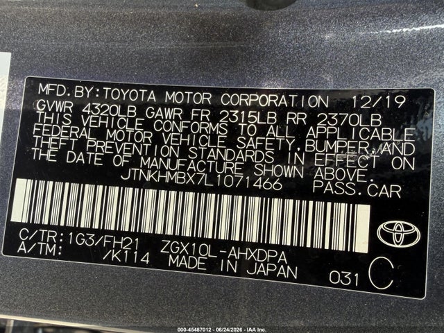Aukcja sprzedaży 2020 Toyota C-hr Le, vin: JTNKHMBX7L1071466, numer aukcji: 45487012
