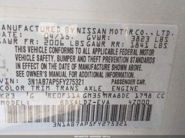 3N1AB7AP5FY275321 Nissan Sentra Fe+ S/s/sl/sr/sv