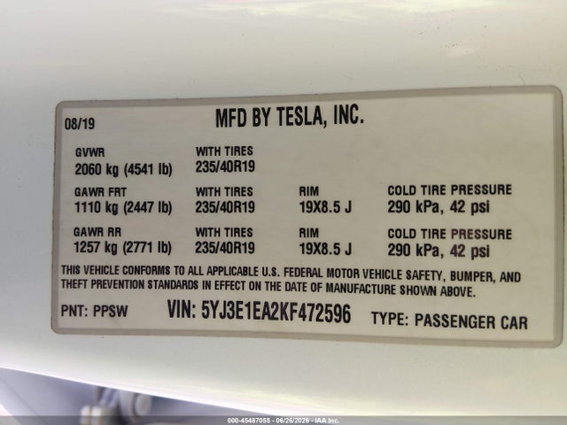 Auction sale of the 2019 Tesla Model 3, vin: 5YJ3E1EA2KF472596, lot number: 45487055