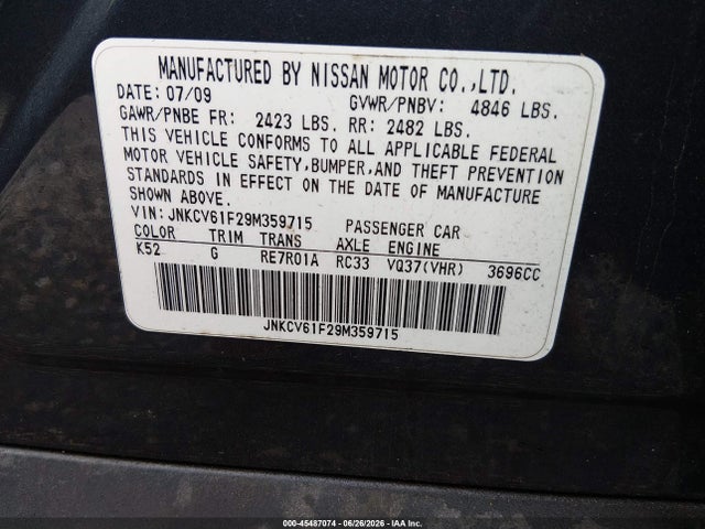 2009 Infiniti G37x მანქანა იყიდება აუქციონზე, vin: JNKCV61F29M359715, აუქციონის ნომერი: 45487074