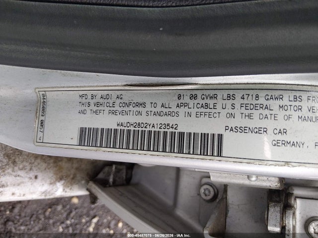 Aukcja sprzedaży 2000 Audi A4 2.8, vin: WAUDH28D0YA038537, numer aukcji: 45487075