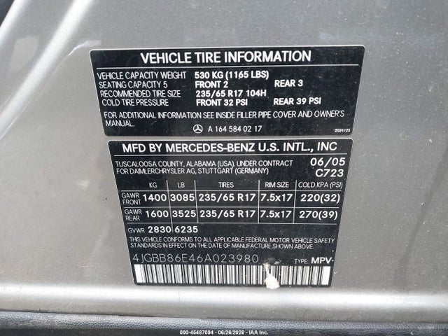 Aukcja sprzedaży 2006 Mercedes-benz Ml 350 4matic, vin: 4JGBB86E46A023980, numer aukcji: 45487094