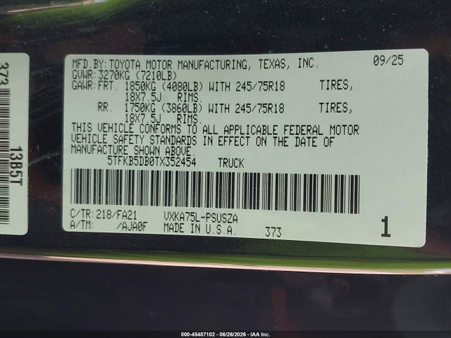 45487102 :رقم المزاد ، 5TFKB5DB0TX352454 vin ، 2026 Toyota Tundra Sr Crewmax 5.5' Bed مزاد بيع