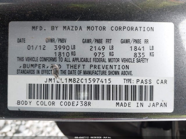 Продажа на аукционе авто 2012 Mazda Mazda3 I Grand Touring, vin: JM1BL1M82C1597415, номер лота: 45487112