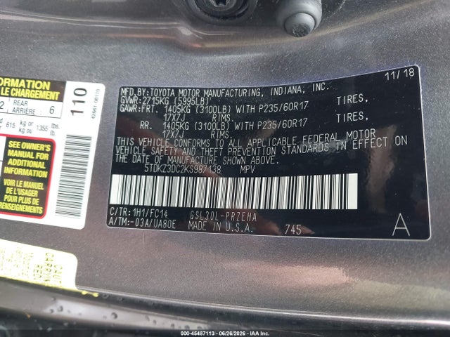 Продаж на аукціоні авто 2019 Toyota Sienna Le 8 Passenger, vin: 5TDKZ3DC2KS987138, номер лоту: 45487113