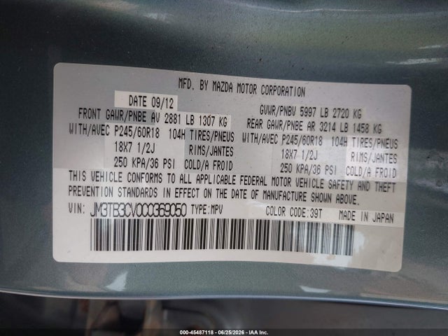 Aukcja sprzedaży 2012 Mazda Cx-9 Touring, vin: JM3TB3CV0C0369050, numer aukcji: 45487118