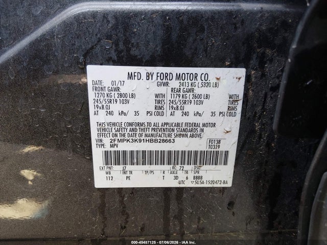 2017 Ford Edge Titanium მანქანა იყიდება აუქციონზე, vin: 2FMPK3K91HBB28663, აუქციონის ნომერი: 45487125