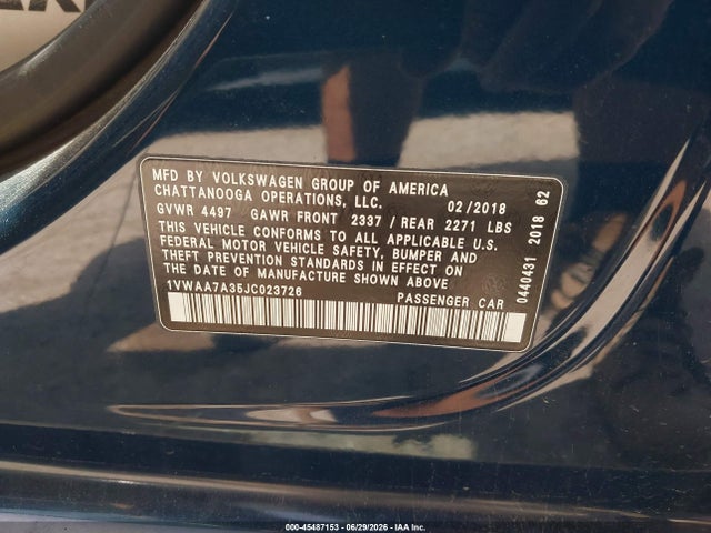 2018 Volkswagen Passat 2.0t R-line/2.0t S მანქანა იყიდება აუქციონზე, vin: 1VWAA7A35JC023726, აუქციონის ნომერი: 45487153