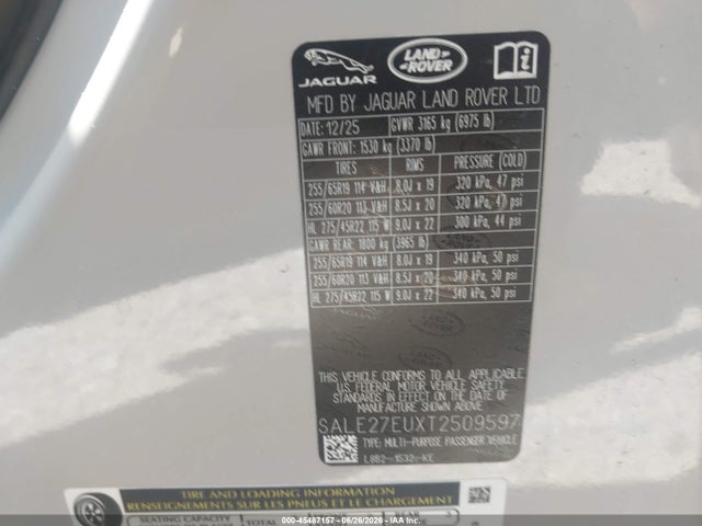 2026 Land Rover Defender P400 X-dynamic Se მანქანა იყიდება აუქციონზე, vin: SALE27EUXT2509597, აუქციონის ნომერი: 45487157