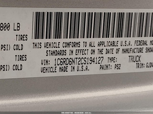 Aukcja sprzedaży 2012 Ram 1500 Laramie, vin: 1C6RD6NT2CS194127, numer aukcji: 45487168
