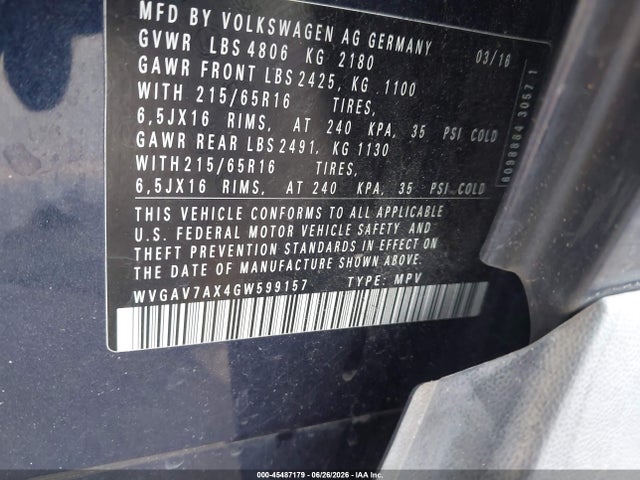 2016 Volkswagen Tiguan S მანქანა იყიდება აუქციონზე, vin: WVGAV7AX4GW599157, აუქციონის ნომერი: 45487179
