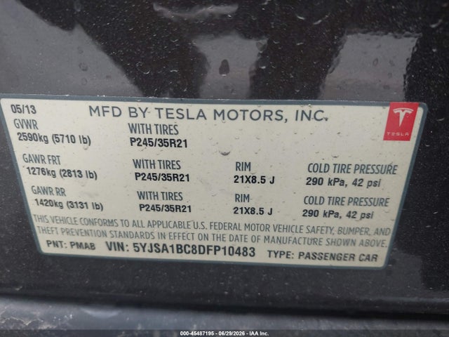 Продажа на аукционе авто 2013 Tesla Model S, vin: 5YJSA1BC8DFP10483, номер лота: 45487195