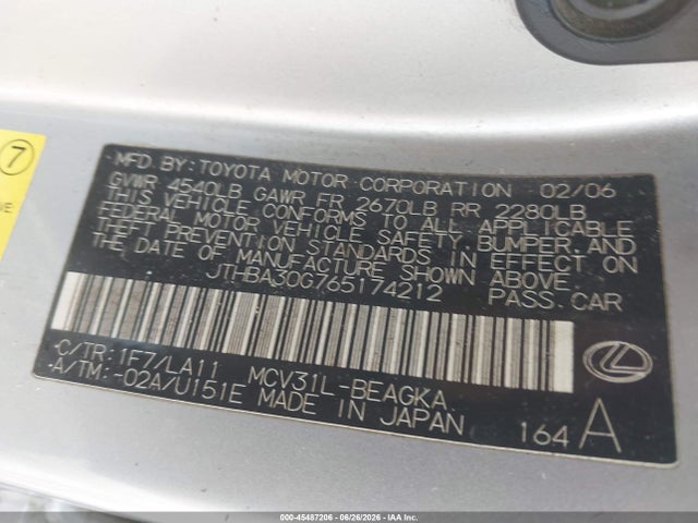 Aukcja sprzedaży 2006 Lexus Es 330, vin: JTHBA30G765174212, numer aukcji: 45487206