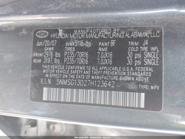 Auction sale of the 2007 Hyundai Santa Fe Gls, vin: 5NMSG13D27H123642, lot number: 45487220