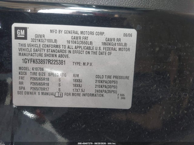 2007 Cadillac Escalade მანქანა იყიდება აუქციონზე, vin: 1GYFK63897R225381, აუქციონის ნომერი: 45487279