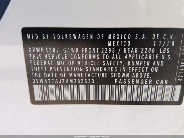 Aukcja sprzedaży 2017 Volkswagen Jetta Gli, vin: 3VW4T7AJ2HM283533, numer aukcji: 45487291