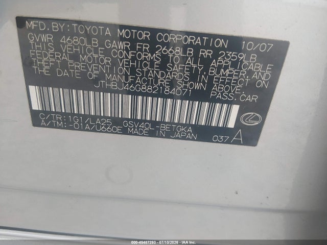 45487293 :رقم المزاد ، JTHBJ46G882184071 vin ، 2008 Lexus Es 350 مزاد بيع