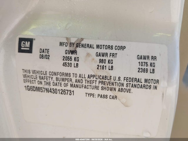 2003 Cadillac Cts Standard მანქანა იყიდება აუქციონზე, vin: 1G6DM57N430126731, აუქციონის ნომერი: 45487295