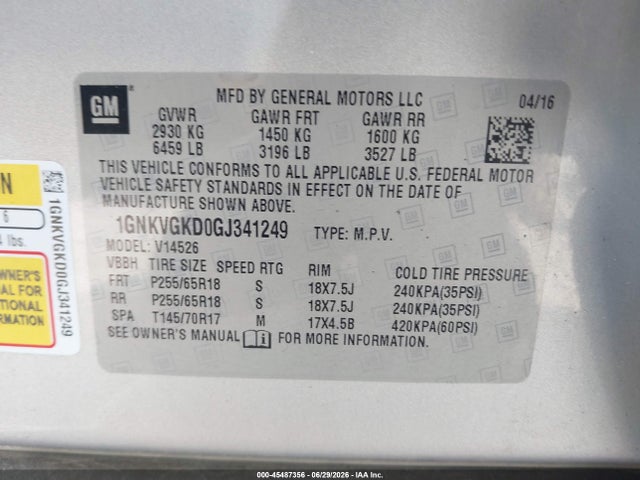 Chevrolet Traverse Lt 2016 1GNKVGKD0GJ341249 Image 9