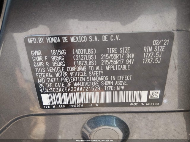 Продажа на аукционе авто 2021 Honda Hr-v 2wd Lx, vin: 3CZRU5H33MM721529, номер лота: 45487378
