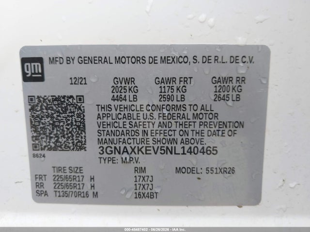 Auction sale of the 2022 Chevrolet Equinox Fwd Lt, vin: 3GNAXKEV5NL140465, lot number: 45487402