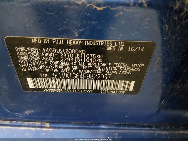 Продаж на аукціоні авто 2015 Subaru Wrx Limited, vin: JF1VA1G64F9822037, номер лоту: 45487424