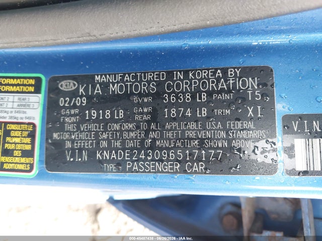 Auction sale of the 2009 Kia Rio5 Lx, vin: KNADE243096517177, lot number: 45487438